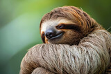 Fototapeta  - Close-up of a smiling sloth relaxing in a natural environment, showcasing its furry body and calm demeanor.