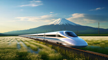 A High-speed Train Runs Through A Field And Has Mount Fuji In The Background In Japan. Ai Generate.