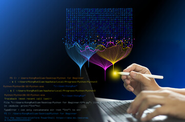 Big data technology and data science. analyze. Artificial intelligence, machine learning analytics (ML), and data flow concept