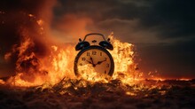Overview Of A Wide Scene Displaying A Clock Engulfed In Flames Against A Fiery Landscape Backdrop.
