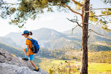 Wall Mural - Adventure and travel. a little boy with a backpack walks along a forest path. trips with children.