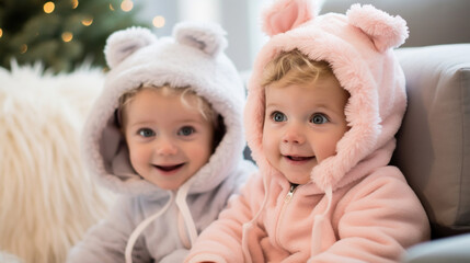 Wall Mural - Two adorable children wearing fluffy animal hoodies share a moment of pure joy, with a festive background.