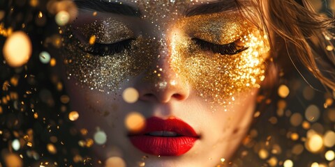 Poster - A close up of a woman with glitter on her face. Perfect for festive events and glamorous makeup looks