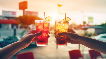 Close up of two friends cheering with cocktail drinks	