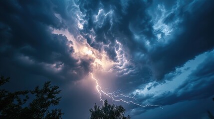 Wall Mural - a powerful lightning bolt pierces through the dark and cloudy sky. this dramatic image captures the 