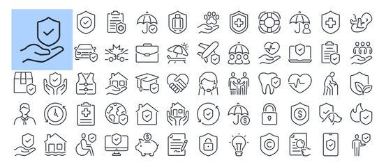Insurance, assurance, protection and risk editable stroke outline icons set isolated on white background flat vector illustration. Pixel perfect. 64 x 64.