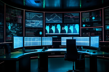 Wall Mural - futuristic data monitoring or analytics room, modern digital technology office with big computer scr