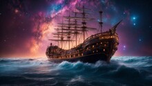 In The Midst Of A Time-worn Cosmos, A Breathtaking Steampunk Caravel Sails Amidst The Electrifying Wonders Of The Universe, Captured In A Mesmerizing Long Exposure Cinematic Photograph. 