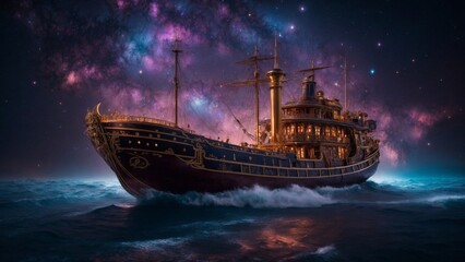 Wall Mural - In the midst of a time-worn cosmos, a breathtaking steampunk caravel sails amidst the electrifying wonders of the universe, captured in a mesmerizing long exposure cinematic photograph. 