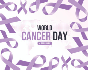 World cancer day text on dot world map texture in lavender cancer ribbons frame vector design