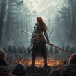 Medieval battle scene with a red-haired girl in the forest,Generative AI