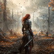 Beautiful red-haired girl in a dark forest with a sword,Generative AI