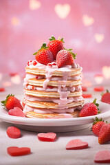 Wall Mural - Stack of pancake with strawberry on pink background, mothers and valentine day concept