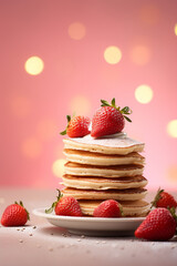 Wall Mural - Stack of pancake with strawberry on pink background, mothers and valentine day concept