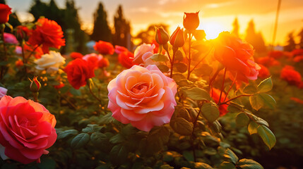 Wall Mural - Colorful roses blooming in the garden at sunset. Nature background,