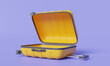 © Nostagrams - Open yellow Suitcase on purple background. Empty Travel luggage, suitcase for holiday, Trip planning, Travel to World, Travel equipment and luggage. Travel and tourism concept. 3d render illustration