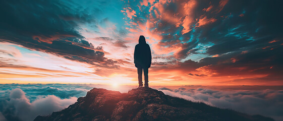 Silhouette of a lonely man looking at the sky with copy space