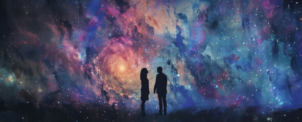 Man and woman silhouettes on abstract space background with copy space