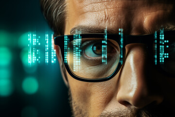 Closeup of man face looking at screen with digital code. Symbol reflecting on glasses. Developer coding a software and Searching for the errors. Generative Ai.