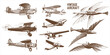 Engraved Airplane. Air Transportation in Vintage Style. Hand Drawn Engraving Passenger Biplane, Corncob, Plane Aviation. Travel Illustration. Engraved in Old Sketch Style, Retro transport.
