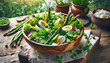 Salad with spring vegetables like asparagus and peas and eggs