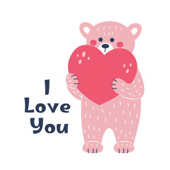 Wall Mural - Pink teddy bear and heart. Postcard for Valentine's Day. Flat style.