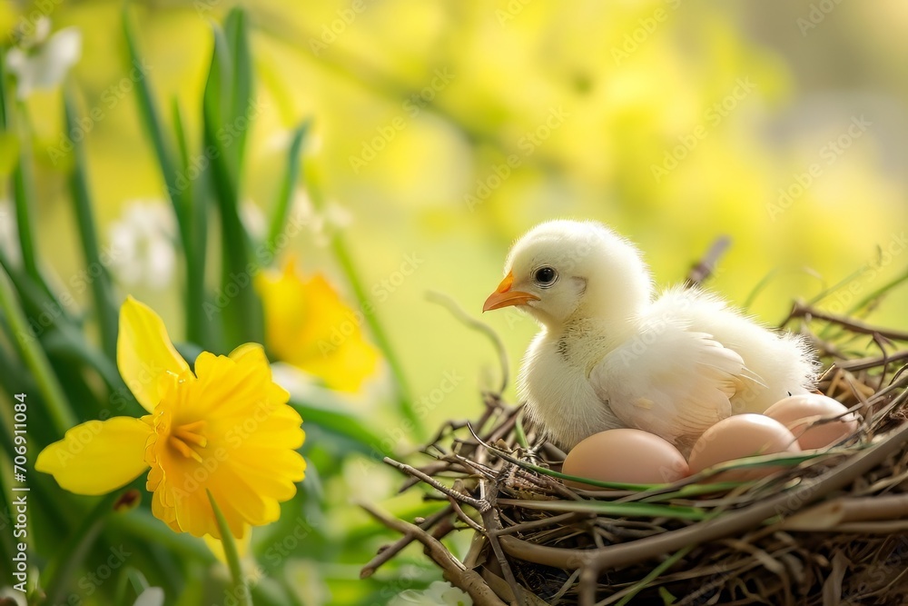 Spring chickens are hatching eggs in the nest,outside world is in a ...