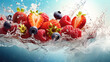 Vibrant fruits and berries dance in water, creating playful waves, adorned with air bubbles and kissed by sunbeams