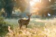AI generated illustration of a deer peacefully grazing in a sun-kissed meadow