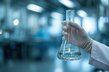 Close up hand of scientist holding flask with lab glassware in chemical laboratory background, science laboratory research and development concept