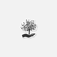 Wall Mural - Hand with a tree logo sticker isolated on gray background