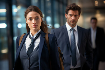 Business partners in an urban setting on their way to office . Businessman and businesswoman outside