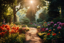 Emerald Trees Waltz, Orange Blossoms Burst, A Garden Alive With Hues, Kissed By Lens Flares' Playful Embrace