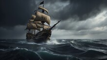 A Pirate Ship In The Middle Of An Ocean In The Middle Of A Storm From Generative AI