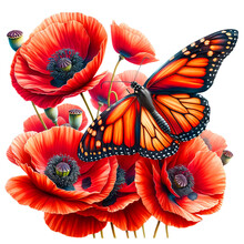 Monarch Butterfly With Poppy Clipart Transparent Background, Butterfly With Flowers Clipart.
