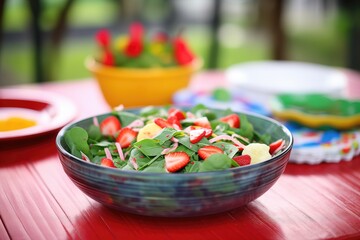 Wall Mural - spinach strawberry salad in glass bowl, picnic background