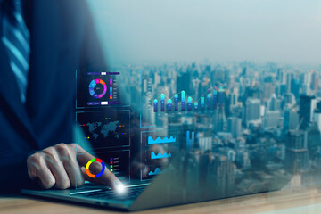 Poster - analyst manages the system database, analysis data plans, and reports. shows a dashboard chart on the computer. concept of analytics business, research on platform digital technology 