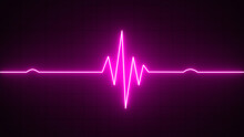 Purple Or Pink Neon Heart Pulse Monitor With Signal. Heartbeat Line. Flat Line EKG, Pulse Trace. EKG And Cardio Symbol. Healthy And Medical Concept