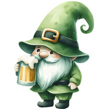 Gnome Drinks Beer In St. Patrick’s Day Watercolor Illustration. Generative AI.