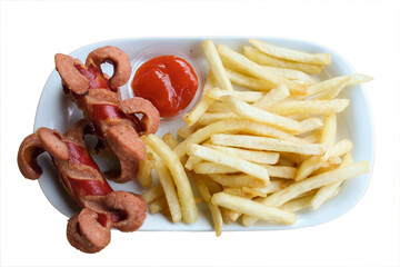 French Fries and Sausage with chili sauce in white plate. Transparent background. 