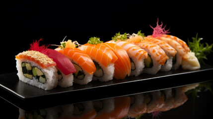 Wall Mural - Side view of portion of Japanese sushi roll with caviar, avocado and salmon on top served on wooden board.