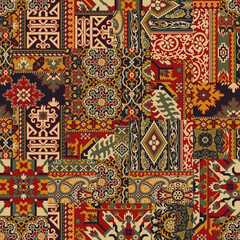 Wall Mural - caucasian style antique rug motifs patchwork wallpaper abstract vector seamless pattern for shirt fa