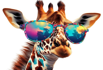 Wall Mural - cartoon colorful giraffe with sunglasses on white background