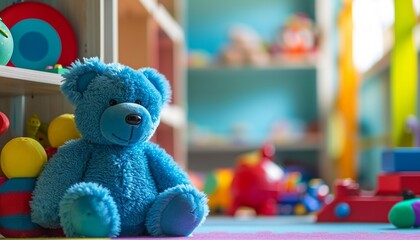 Wall Mural - Blue teddy bear nestled in a child's playroom, surrounded by toys and vibrant colors