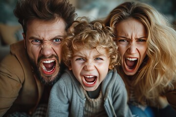 Wall Mural - A scream-loving, angry child with helpless parents. Generative Ai.