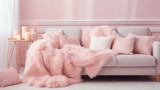 Fototapeta  - Inviting Elegance: Hygge Home Interior with Pink Sofa and Candlelit Atmosphere