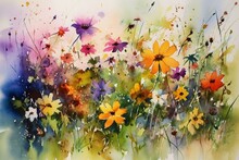 Watercolor Wildflowers Painting. Generative AI