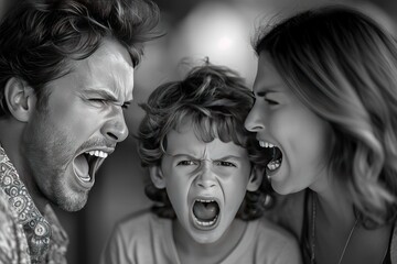 Wall Mural - A scream-loving, angry child with helpless parents. Generative Ai.