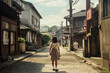 下町路地と少女。架空の日本の昭和イメージ。古い写真、Generative AI