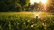 A garden sprinkler in a sunny backyard sprays the lawn. Summer heat, refreshing background